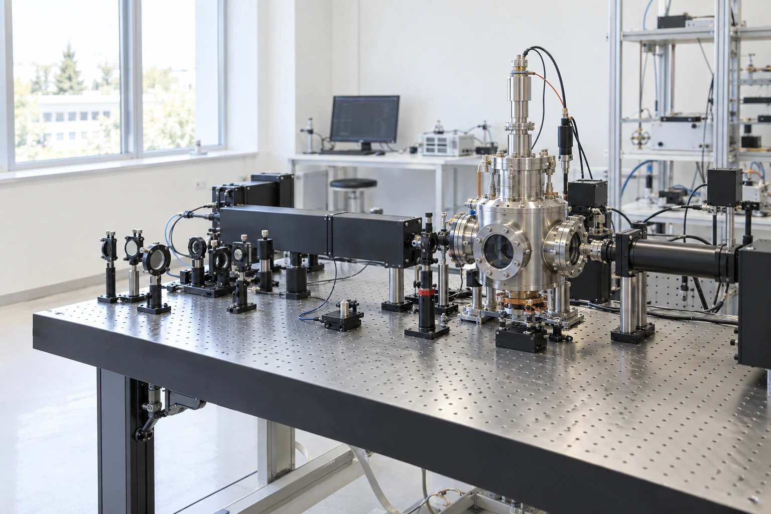 Laboratory scene: An optical table with mounted lenses, mirrors and a vacuum chamber in a bright research laboratory