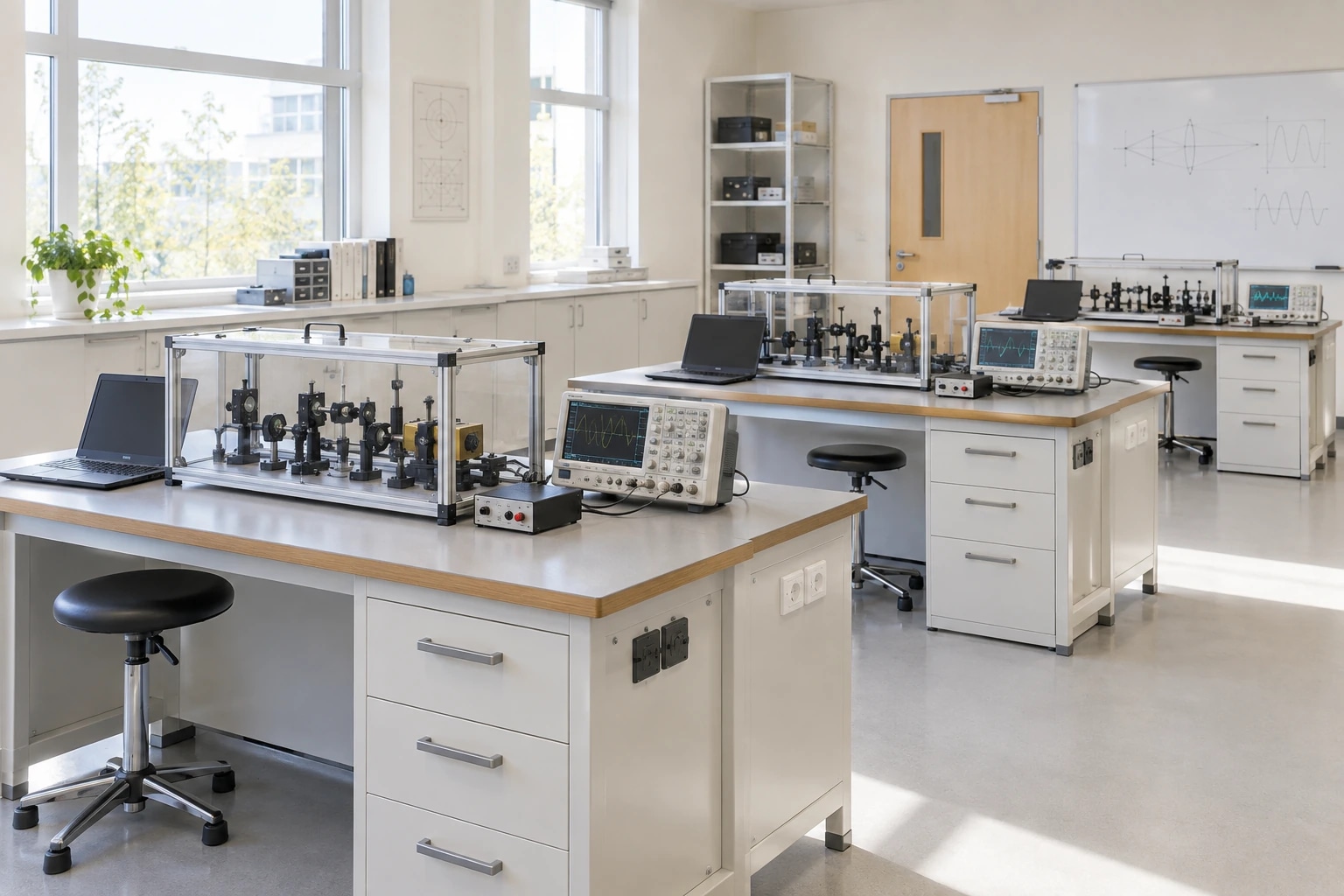 Laboratory scene: Bright physics teaching benches with oscilloscopes, enclosed optics apparatus and laptops